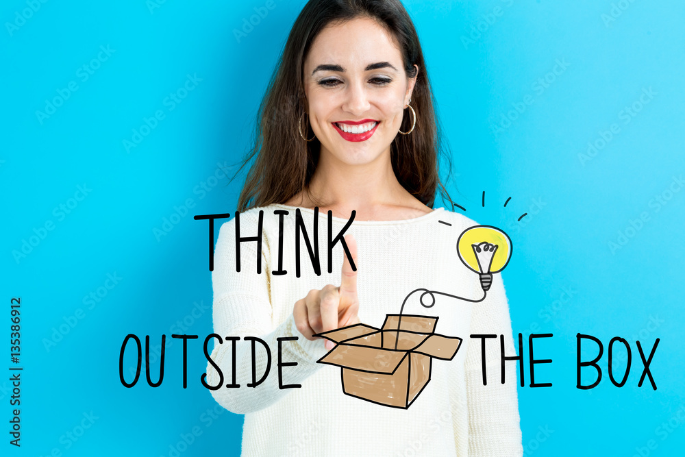 Think Outside The Box text with young woman