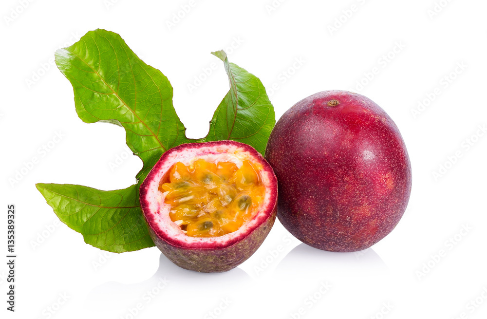 Passion fruit and leaf. Sliced Passiflora edulis fruits isolated