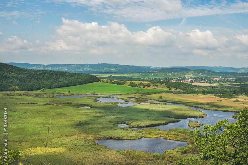 View over inner lakes and fields on Tihany peninsula at lake Balaton, Hungary