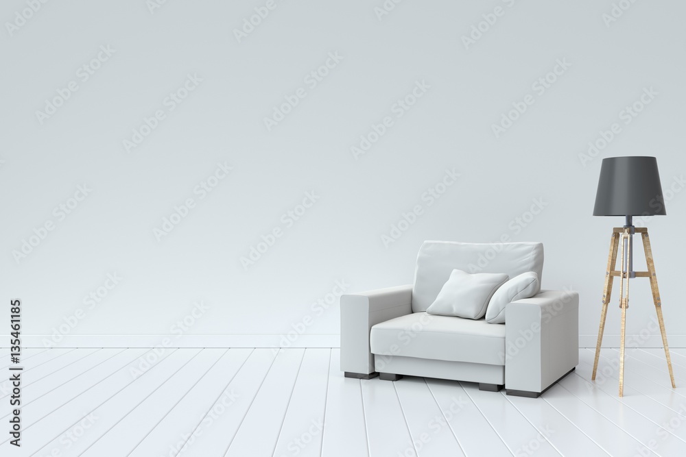 The interior has a sofa and lamp on empty white wall background,3D rendering