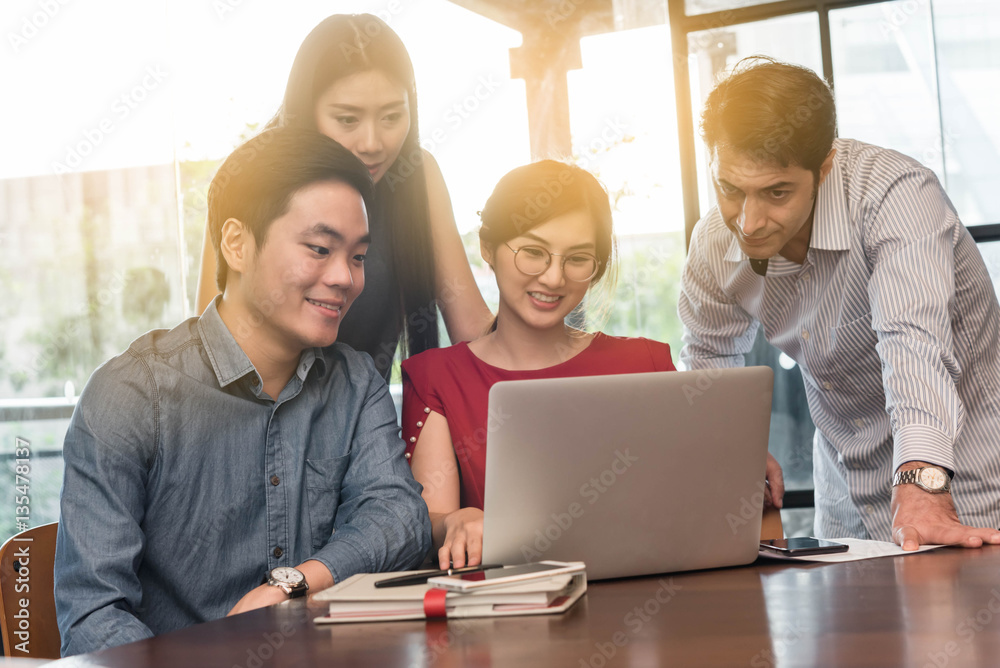 4 people meeting in coffee shop, business casual conceptual