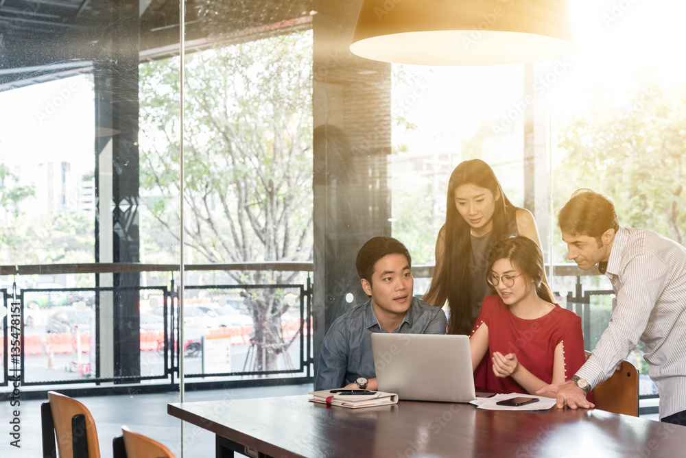 4 people meeting in coffee shop, business casual conceptual