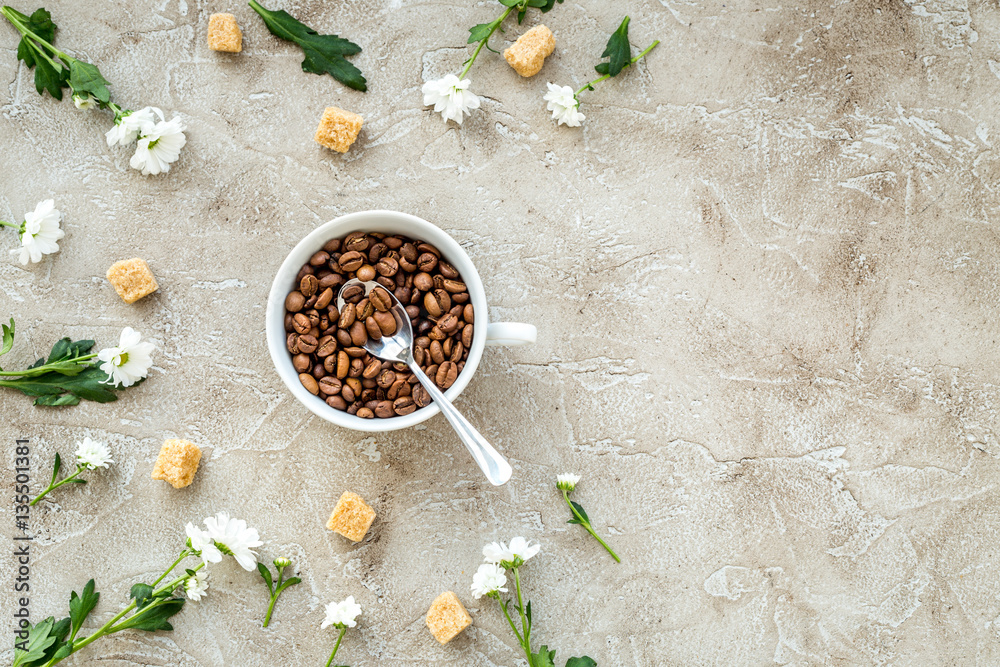 coffee beans on gray table top view mock up