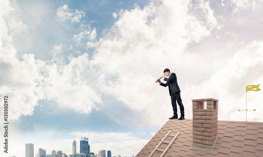 Mister boss on brick roof in search of something new. Mixed medi