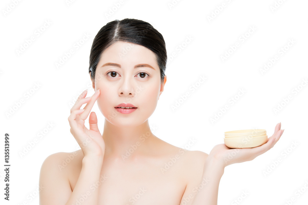 beauty asian woman applying display facial product on face