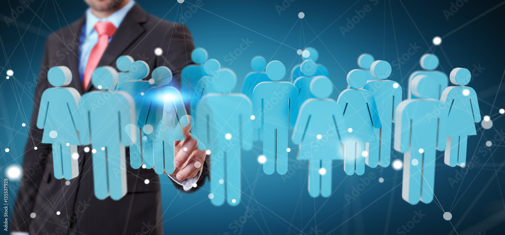 Businessman touching 3D rendering group of people with his finge