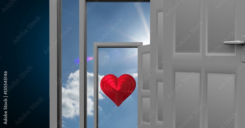 Open doors to sky with red heart shape