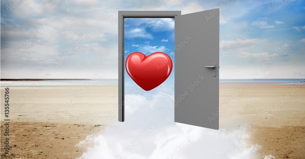 Open door to sea with red heart shape