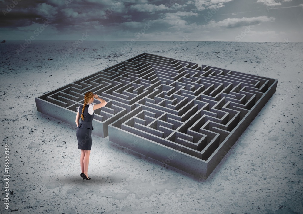 Business woman looking over maze on beach