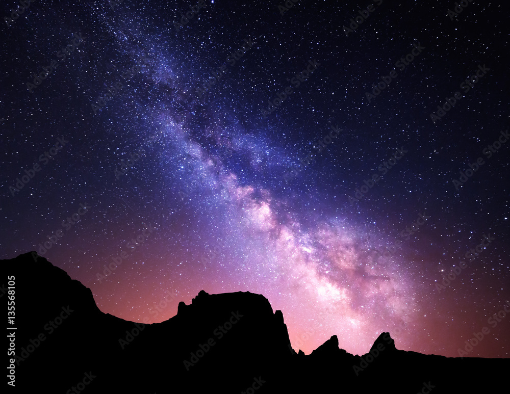 Night landscape with Milky Way. Starry sky, Universe