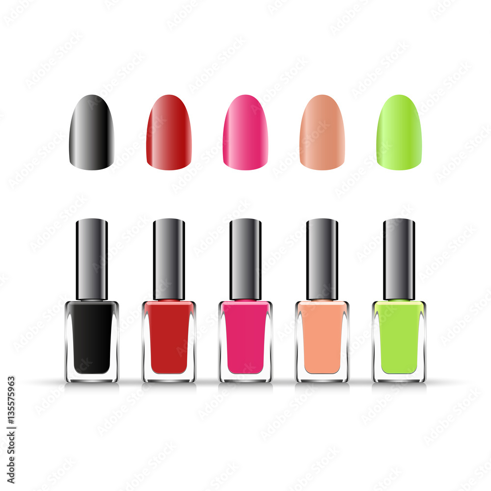 Set of colored nail lacquer bottles, isolated on white background