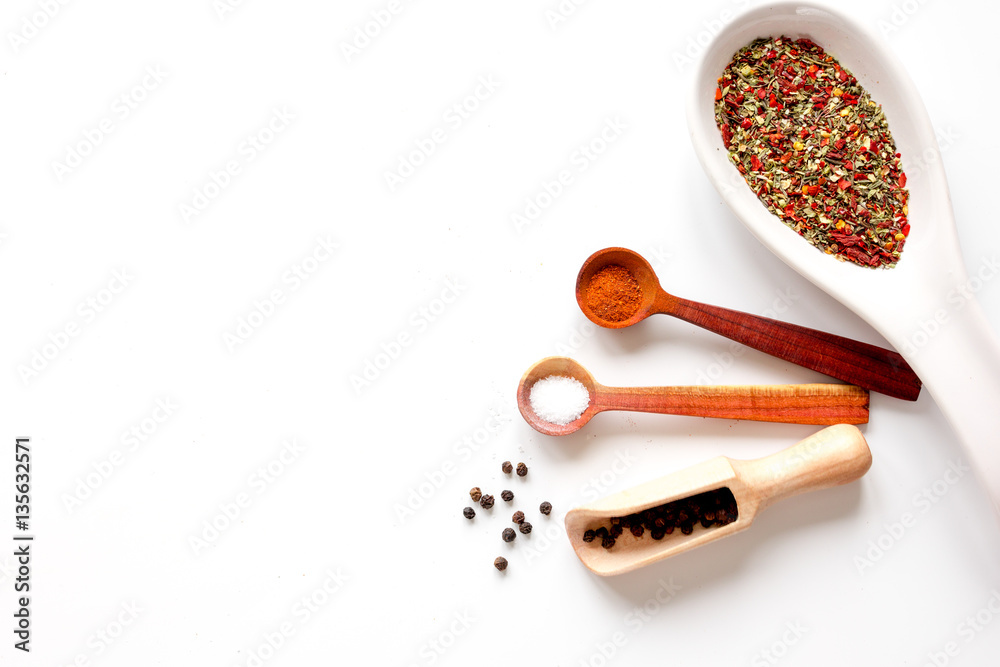 spices in wooden spoon on white background top view