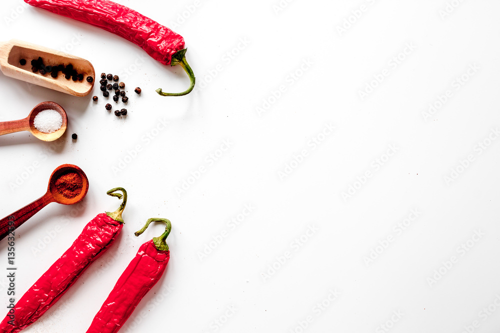 spices in wooden spoon on white background top view