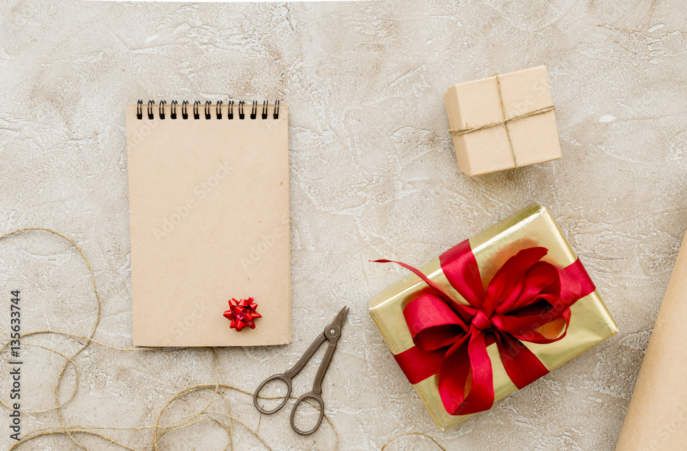 wrapping gifts in box for holiday top view mock up