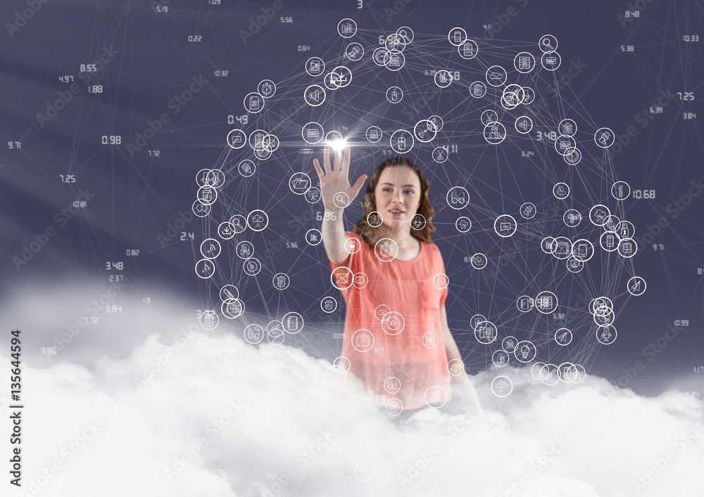 Woman in clouds touching connecting icons