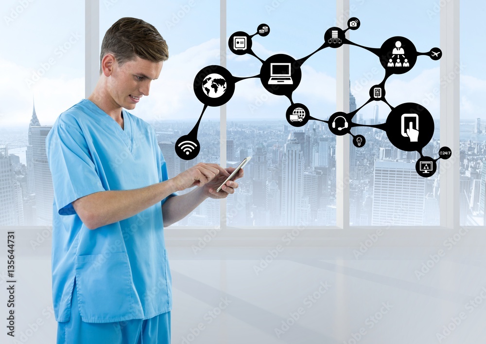 Doctor using mobile phone with application icon