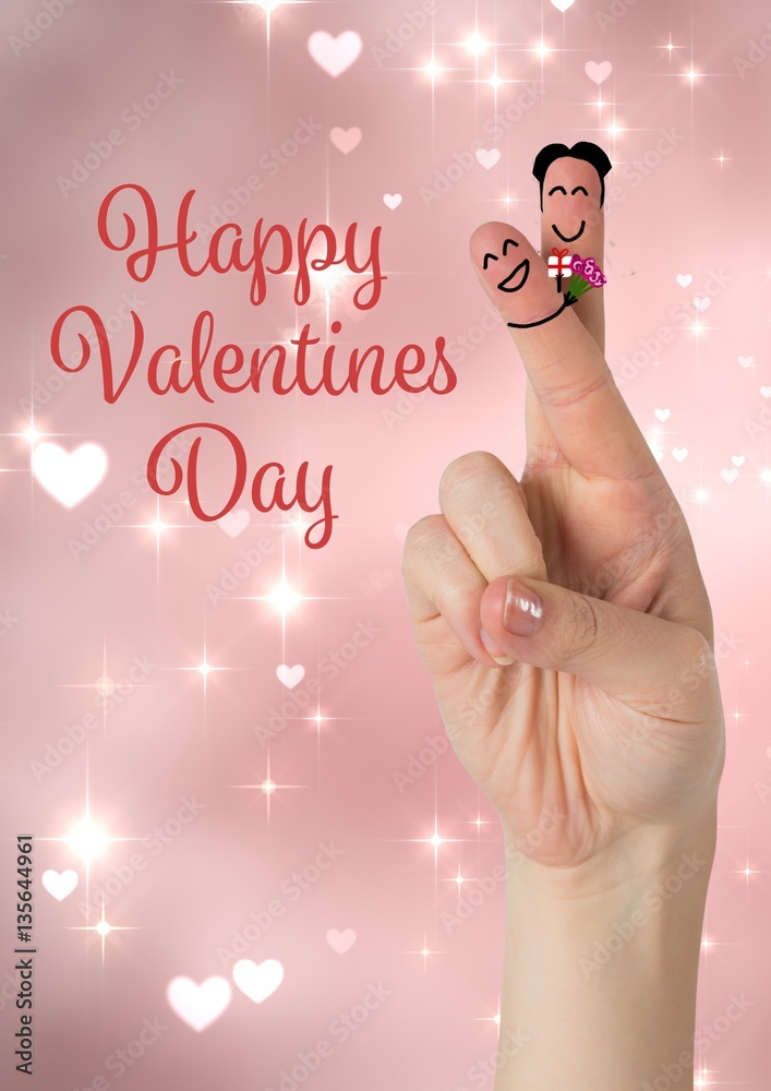 Smiling finger couple, valentine day message and red hearts