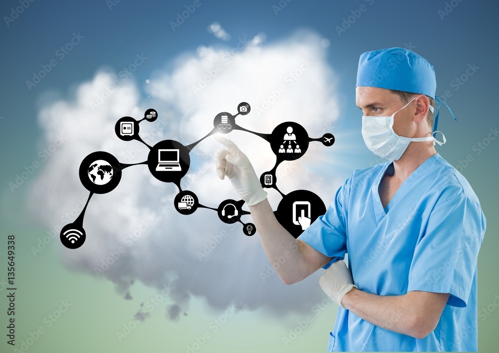 Doctor touching digitally generated icons against sky and clouds