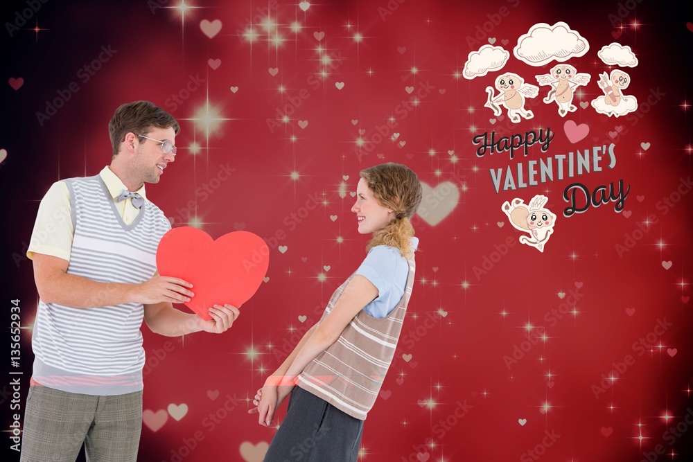 Couple with red heart against digitally generated background