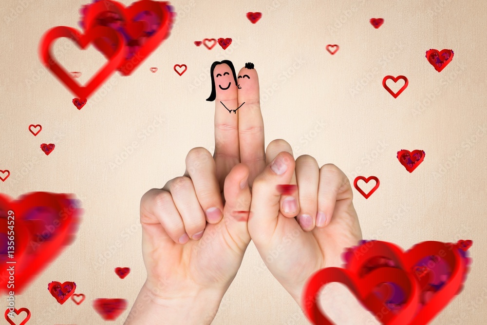 Smiling finger couple in love with red hearts