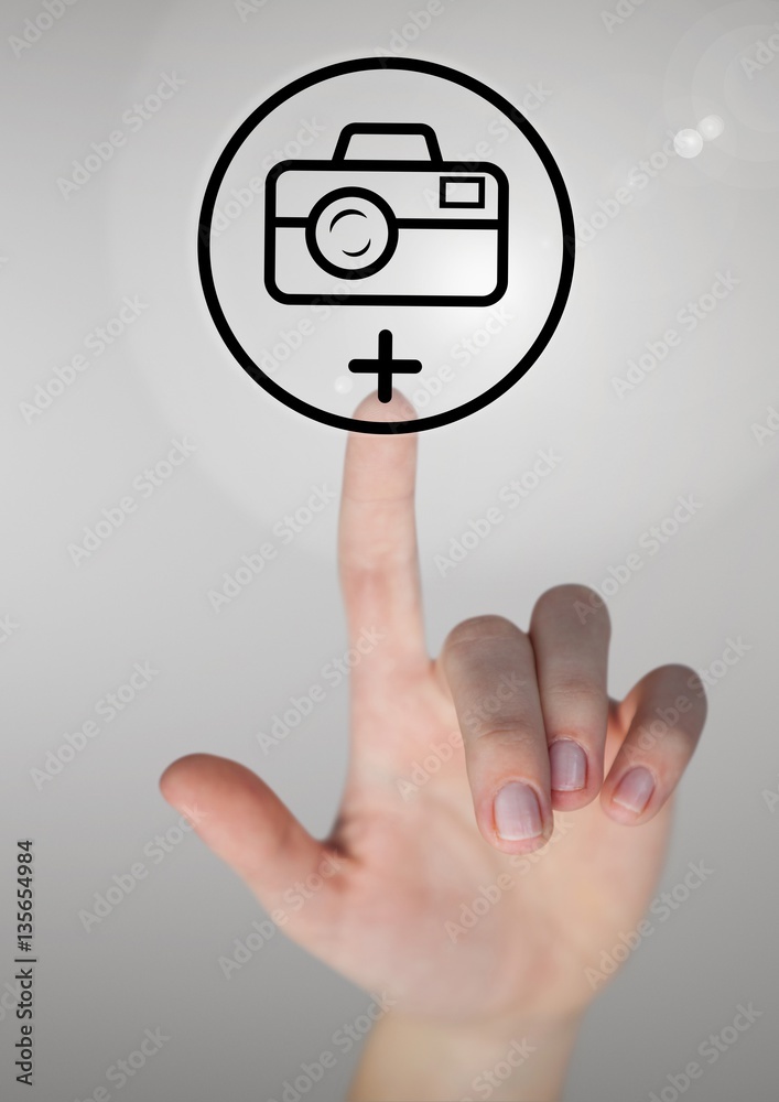 Hand touching photo camera icon