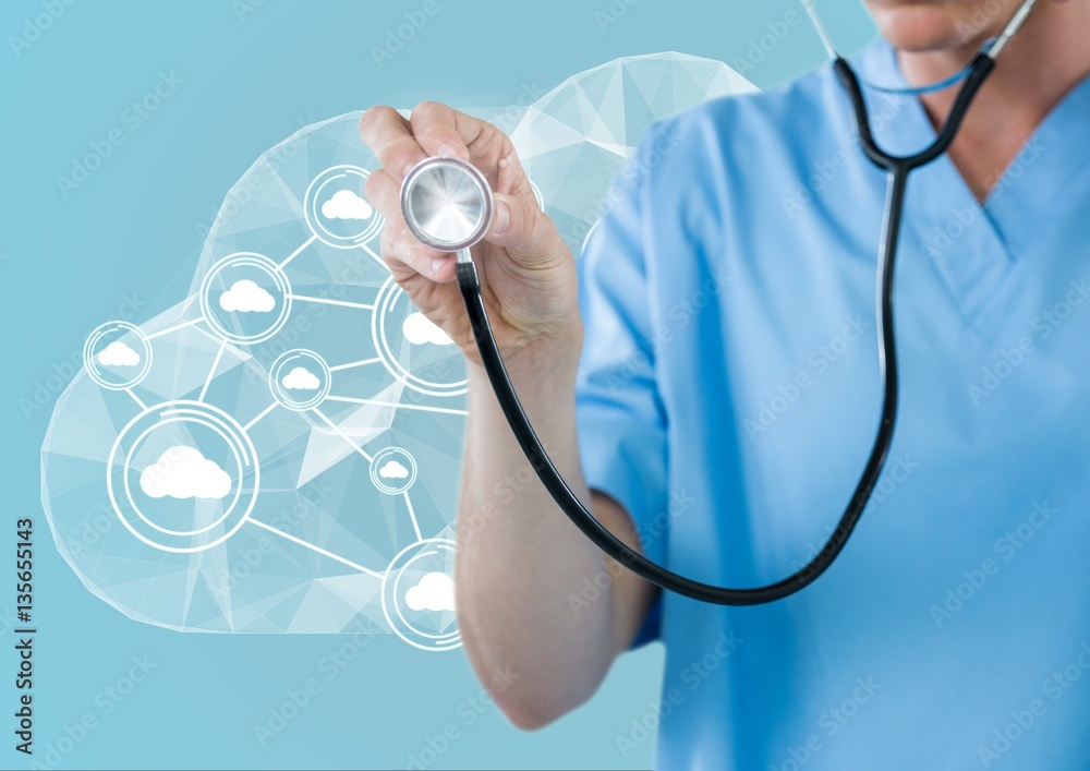 Doctor using stethoscope in front of cloud and white interface