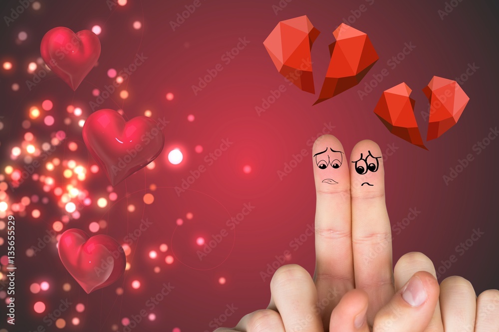 Sad finger couple with red broken heart