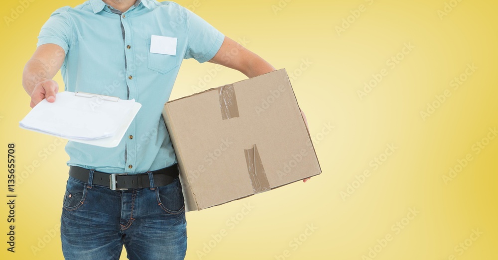 Delivery man with package giving clipboard for signature