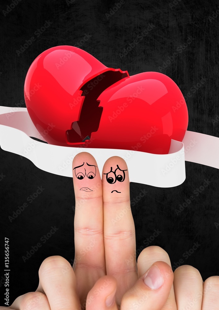 Sad finger couple with red broken heart