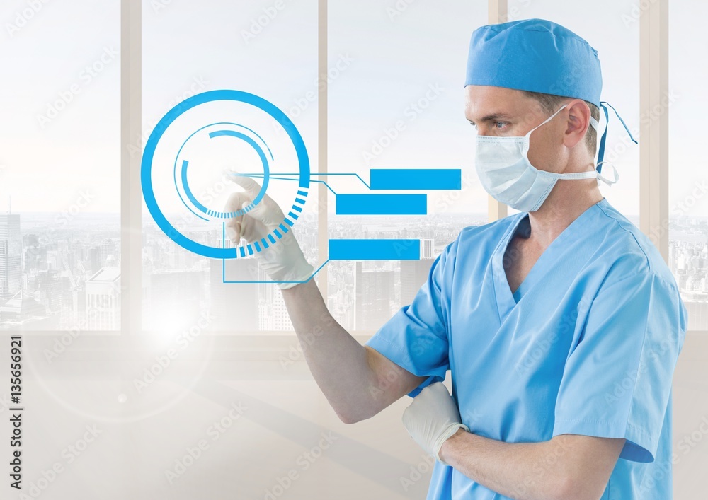 Doctor in mask with blue interface in front of window