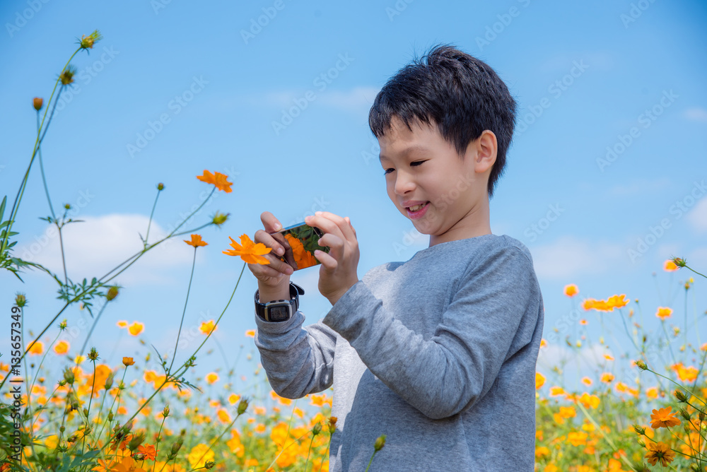 Young asian boy taking photo of flower by smart phone