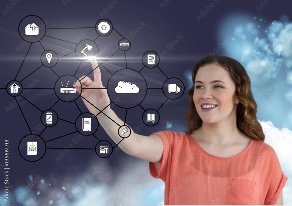 Woman touching digitally generated application icons interface