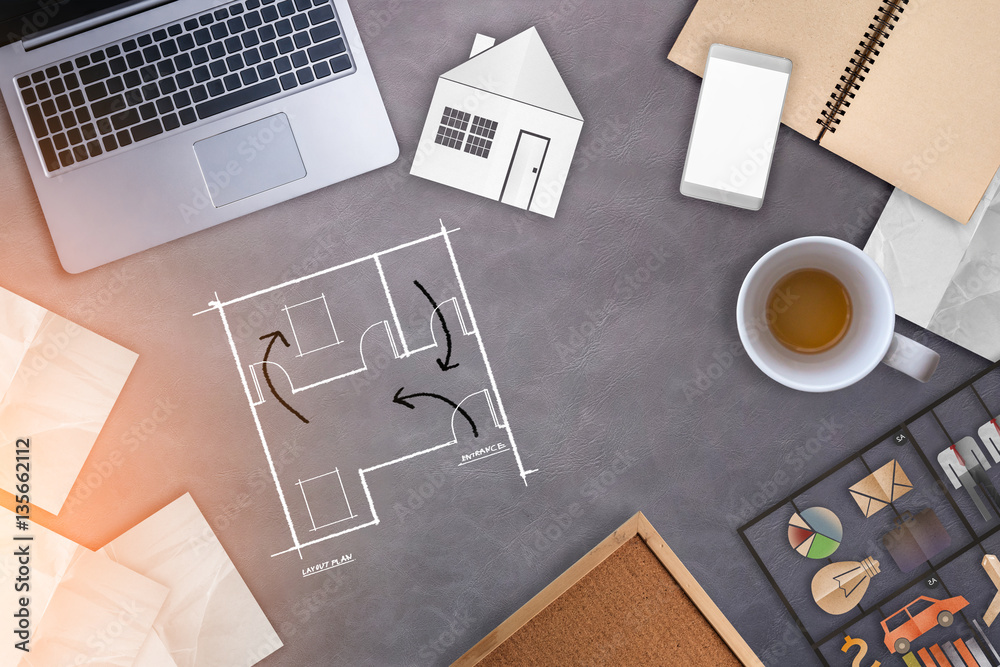 house design concept with working stuff laptop notebook coffee cup and paper note with free copyspac