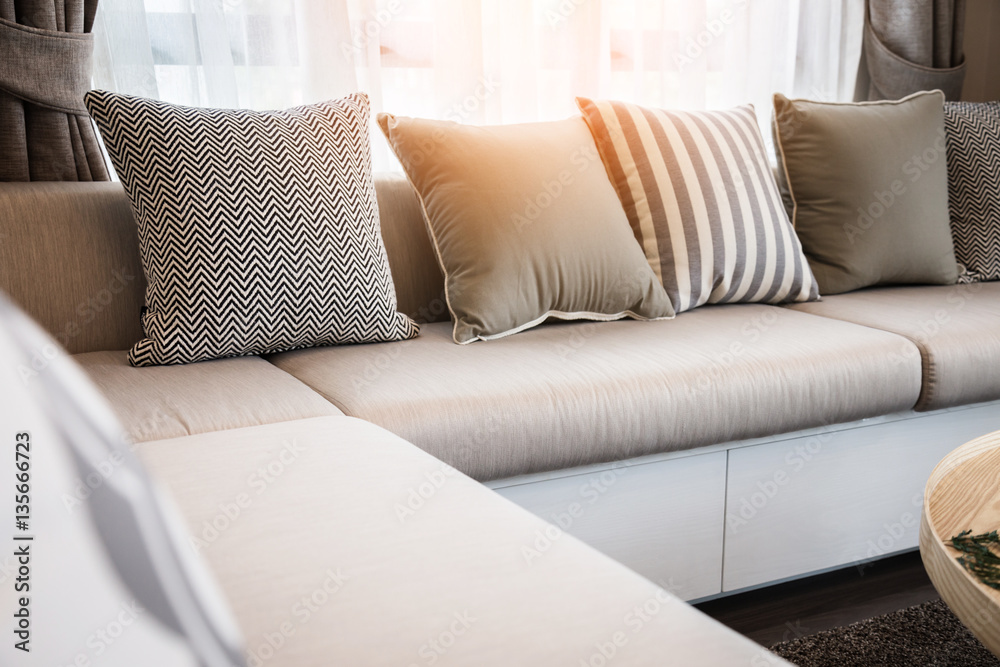 contemporary interior of Living room with part of sofa in sunny