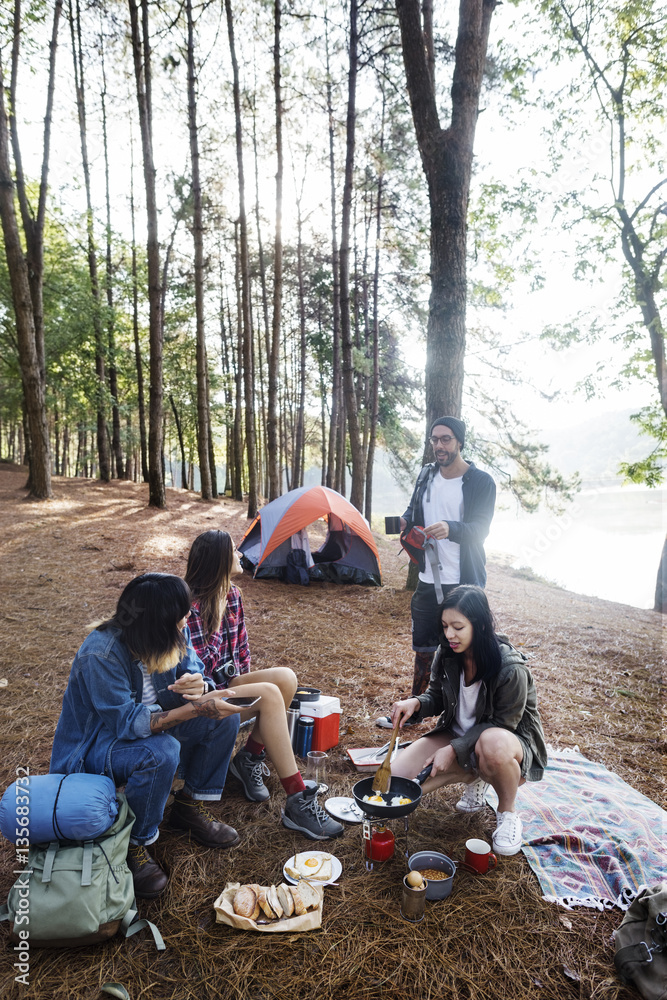 Friends Camping Eating Food Concept