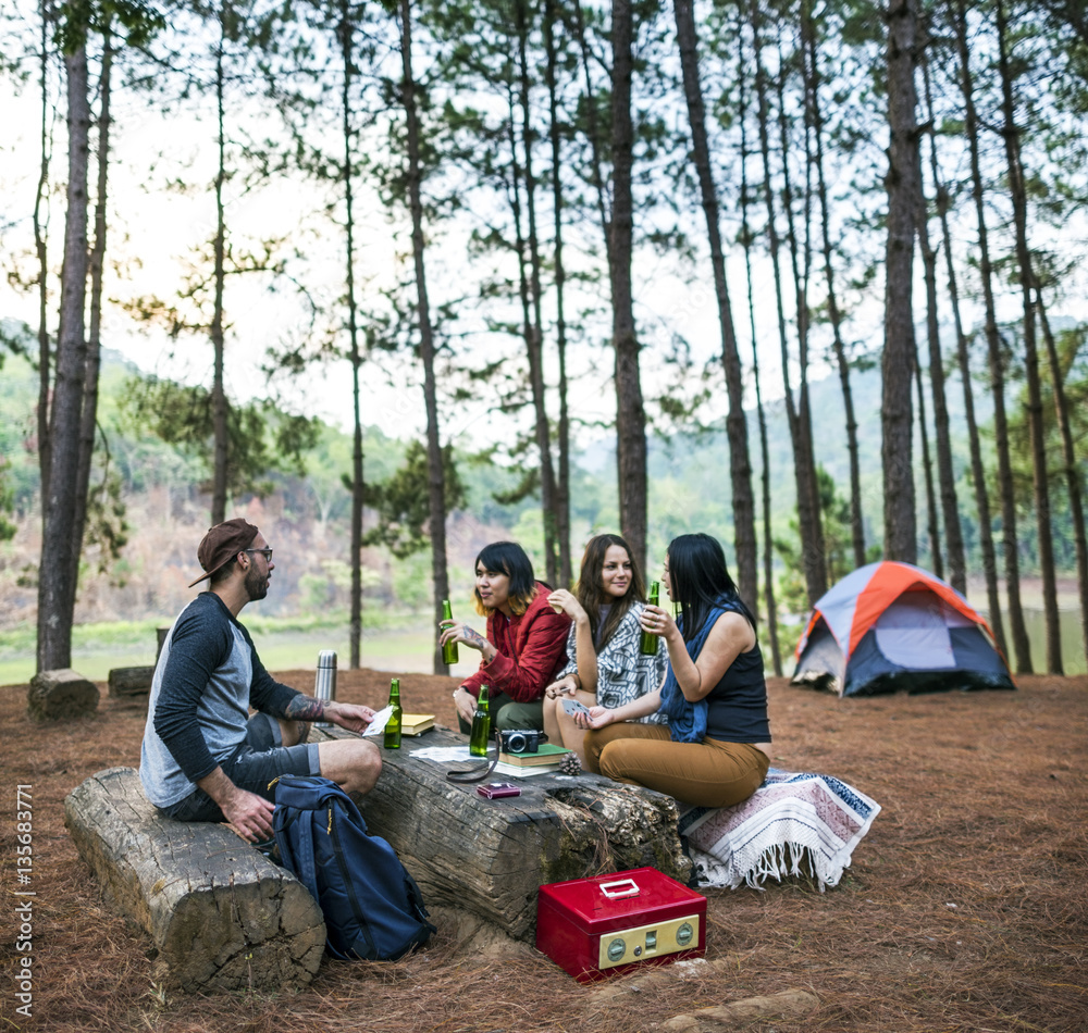 Friends Camping Having Drinks Concept