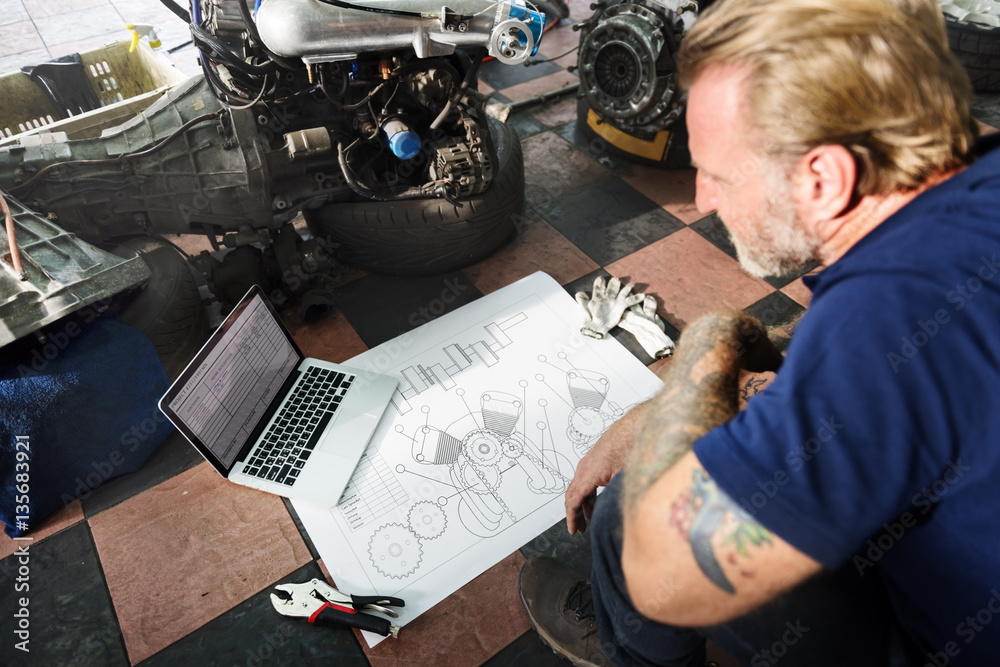 Construction Master Plan Draft Blueprint Male Laptop Concept