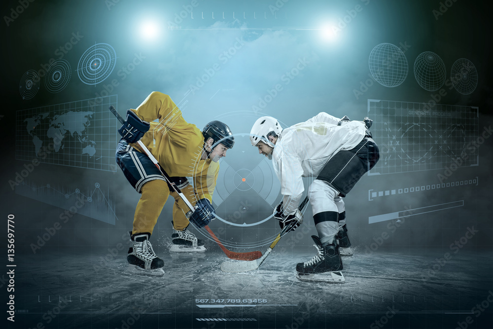 Ice hockey player on the ice around modern light