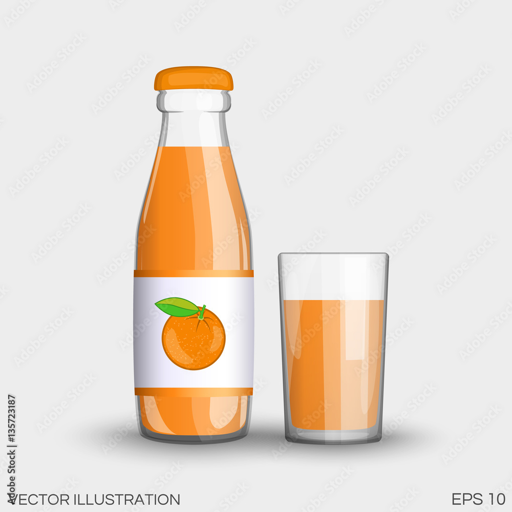 Orange juice in a transparent glass bottle isolated