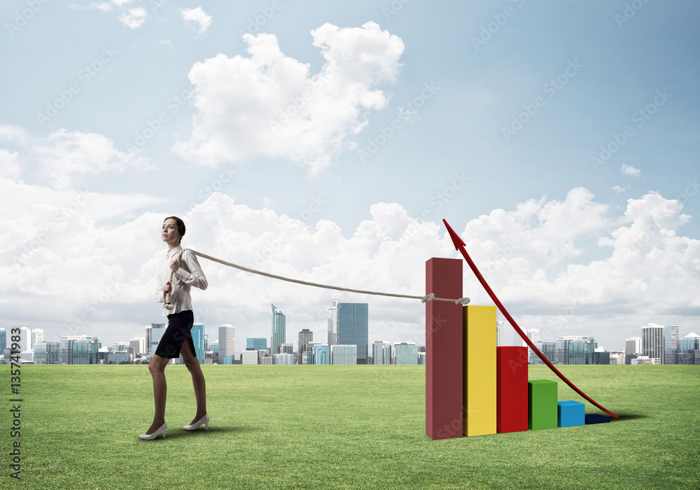 Businesswoman pulling arrow with rope and making it raise up