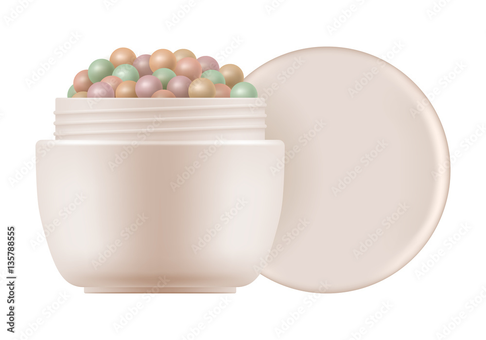 3d open container with face powder pearls. Package of colored meteorites cosmetic corrector for make