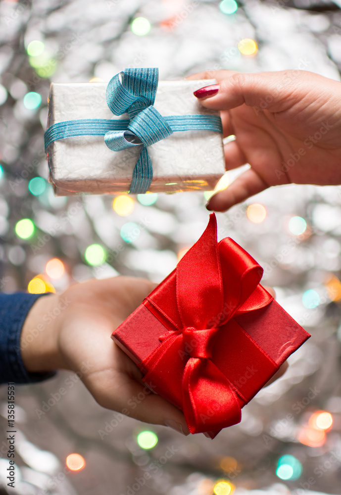 Couple exchanging Valentines presents