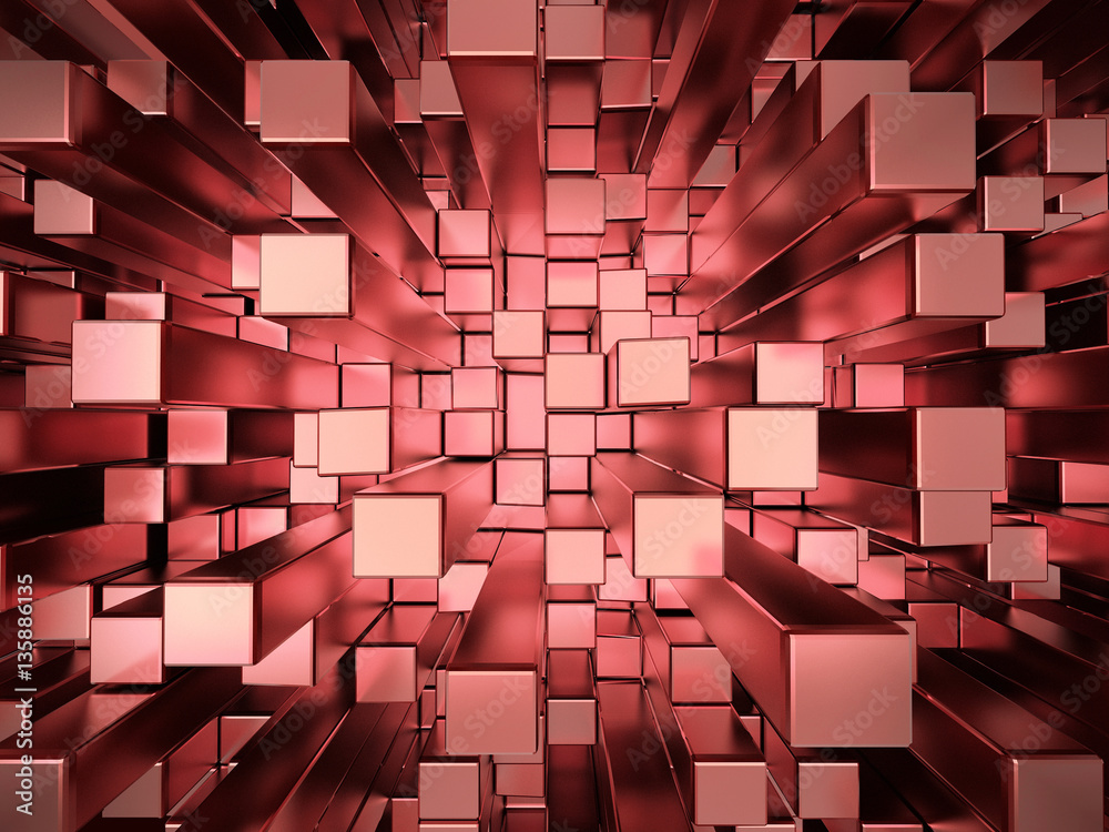 Red squares extruded abstract background , 3d