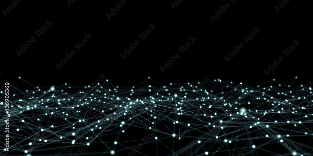 Floating white and blue dot network 3D rendering