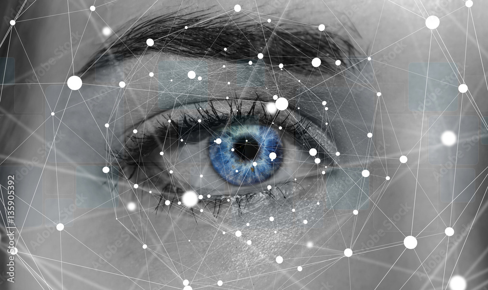 Close-up of woman digital eye network concept 3D rendering