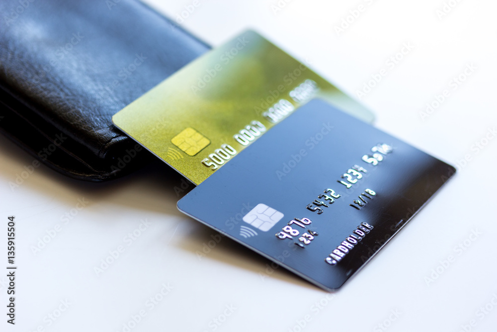 Credit cards with wallet close up - online shopping