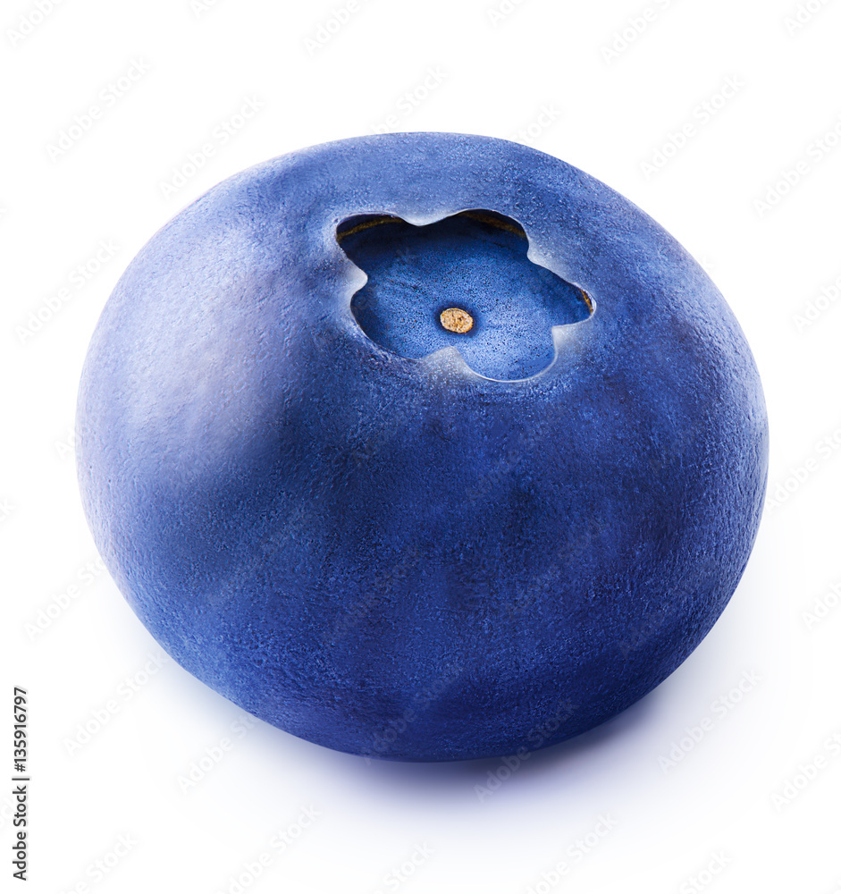 Single blueberry berry isolated on white background. With clipping path. Close up. Macro.