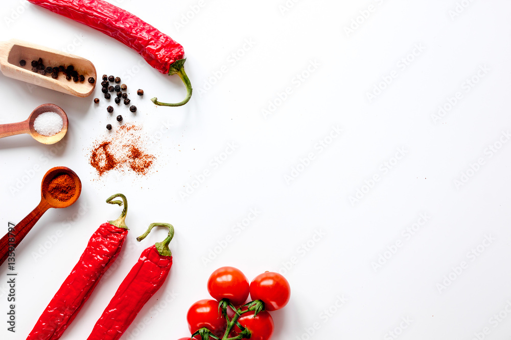 spices in wooden spoon on white background top view