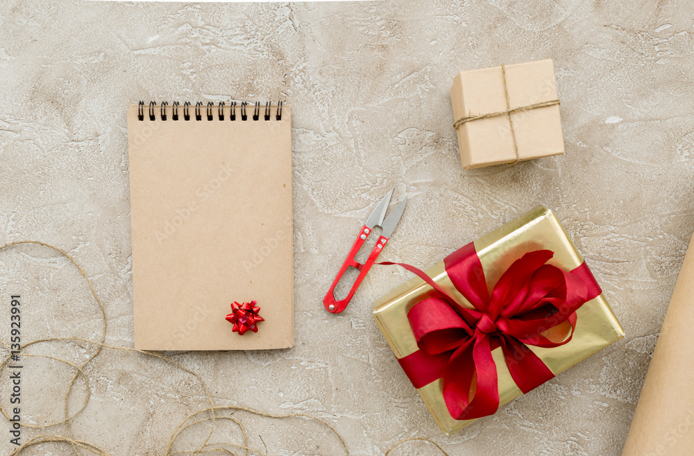 wrapping gifts in box for holiday top view mock up