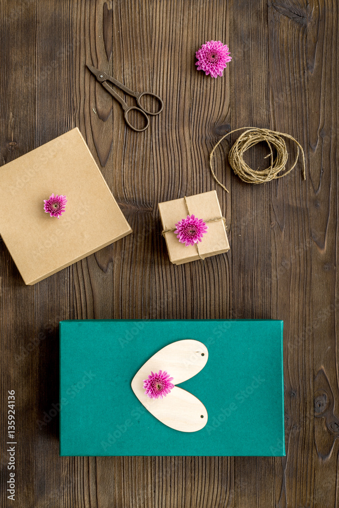 wrapping gifts in box for holiday top view mock up